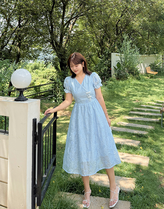 大きいサイズ レディース Vネックビーズリボンひまわり刺繍ワンピース LL 3L 4L 5L