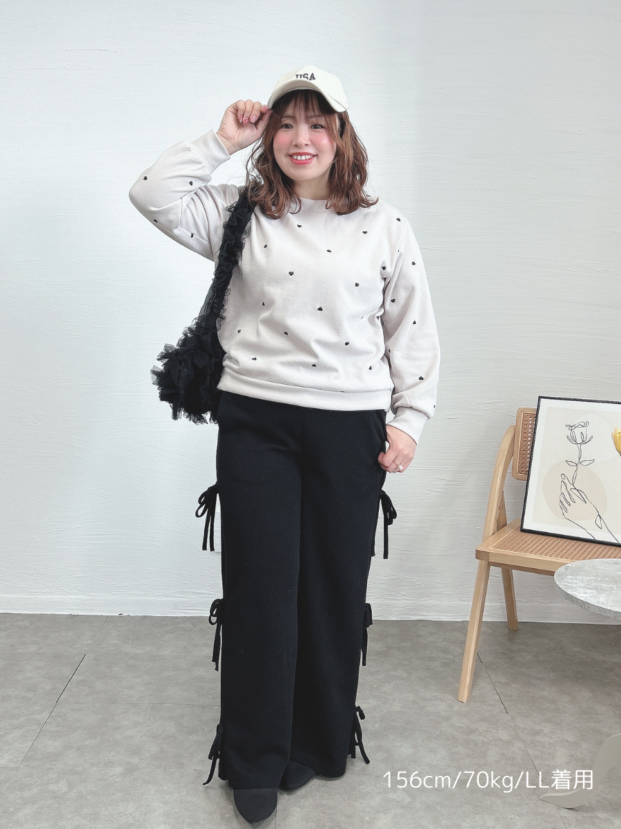大きいサイズ レディース リボンレースアップニットワイドパンツ LL 3L 4L 5L