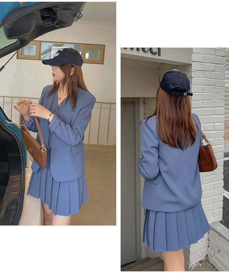 大きいサイズ レディース Vネックスリーピース カジュアルスーツ(スーツジャケット/ベスト/プリーツショートスカート) LL 3L 4L 5L
