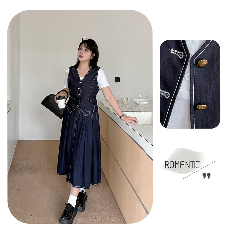 大きいサイズ レディース ネイビーブルーデニムツーピース(ベスト+スカート) LL 3L 4L 5L