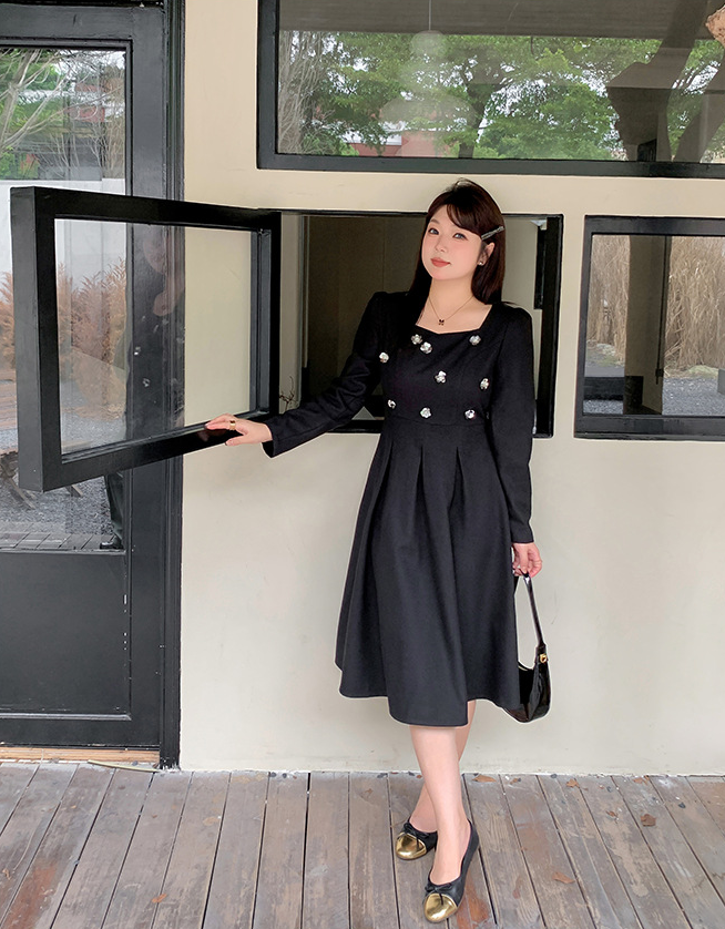 大きいサイズ レディース スパンコールスクエアネックブラックワンピース LL 3L 4L 5L