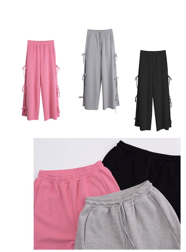大きいサイズ レディース リボンレースアップニットワイドパンツ LL 3L 4L 5L