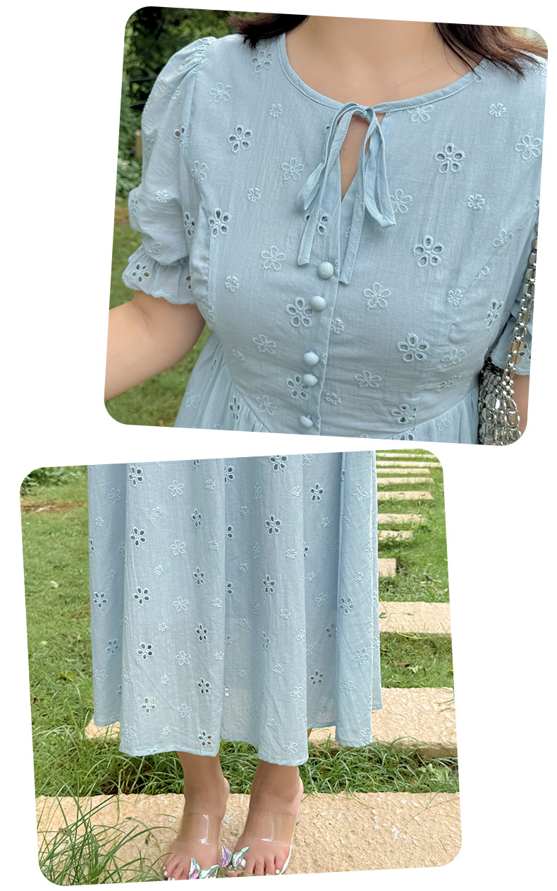 大きいサイズ レディース リボン花柄中空刺繍コットンフレンチワンピース LL 3L 4L 5L