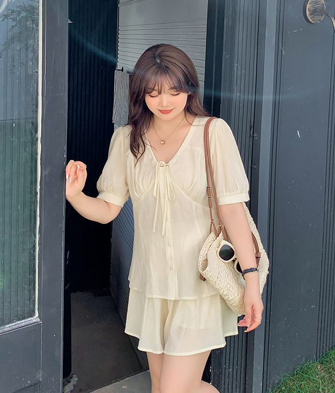 大きいサイズ レディース リボンフレンチセットアップ(トップス+ショートスカートパンツ) LL 3L 4L 5L