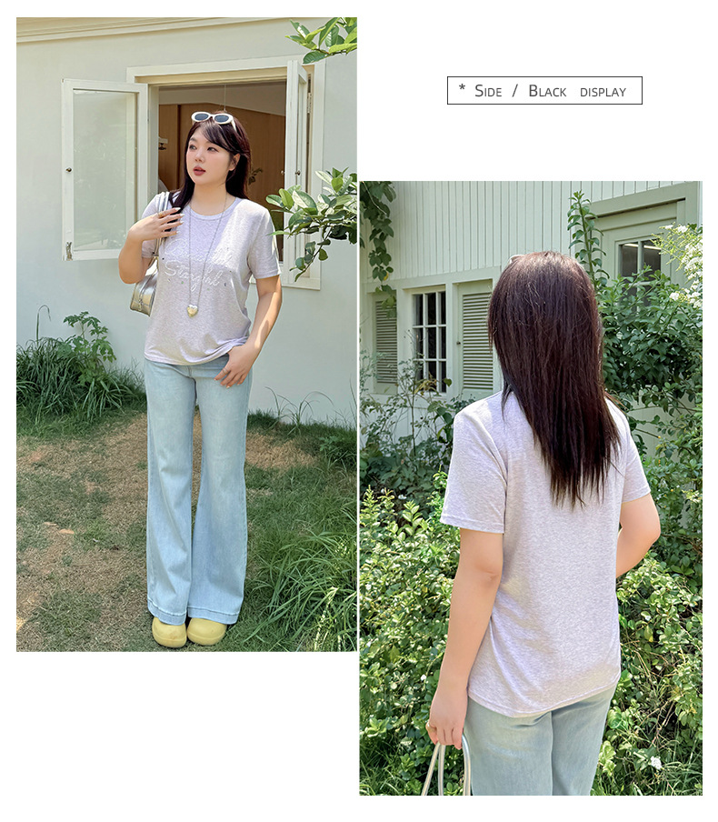 大きいサイズ レディース ビーズロゴ半袖カジュアルTシャツ LL 3L 4L 5L