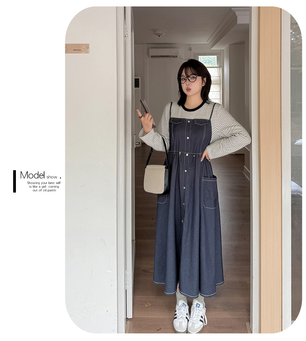大きいサイズ レディース フェイクツーピースワンピース(ストライプシャツ+デニムワンピース) LL 3L 4L 5L