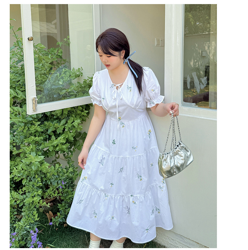 大きいサイズ レディース 草花刺繍入りリボンコットンティアードワンピース LL 3L 4L 5L