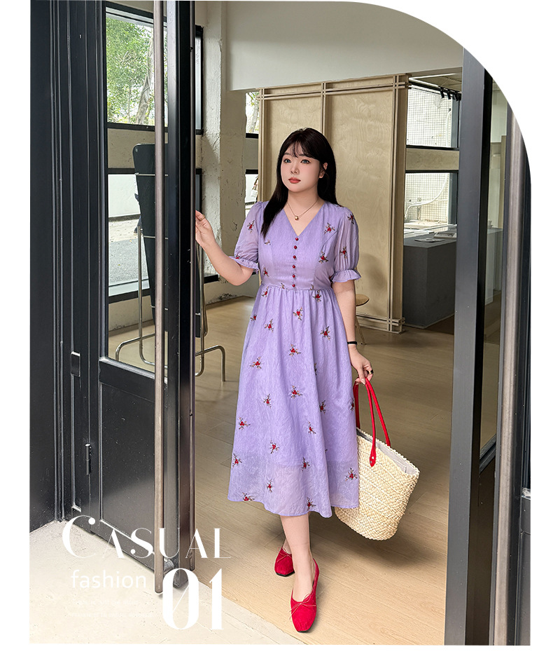 大きいサイズ レディース Vネック刺繍入りリボン花柄ワンピース LL 3L 4L 5L