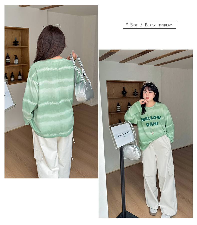 大きいサイズ レディース ワイドストライプグラデーションプリントニットロングTシャツ LL 3L 4L 5L