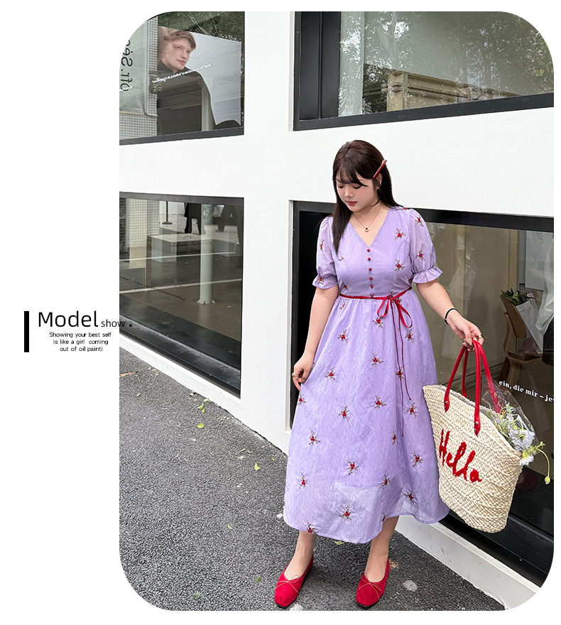 大きいサイズ レディース Vネック刺繍入りリボン花柄ワンピース LL 3L 4L 5L
