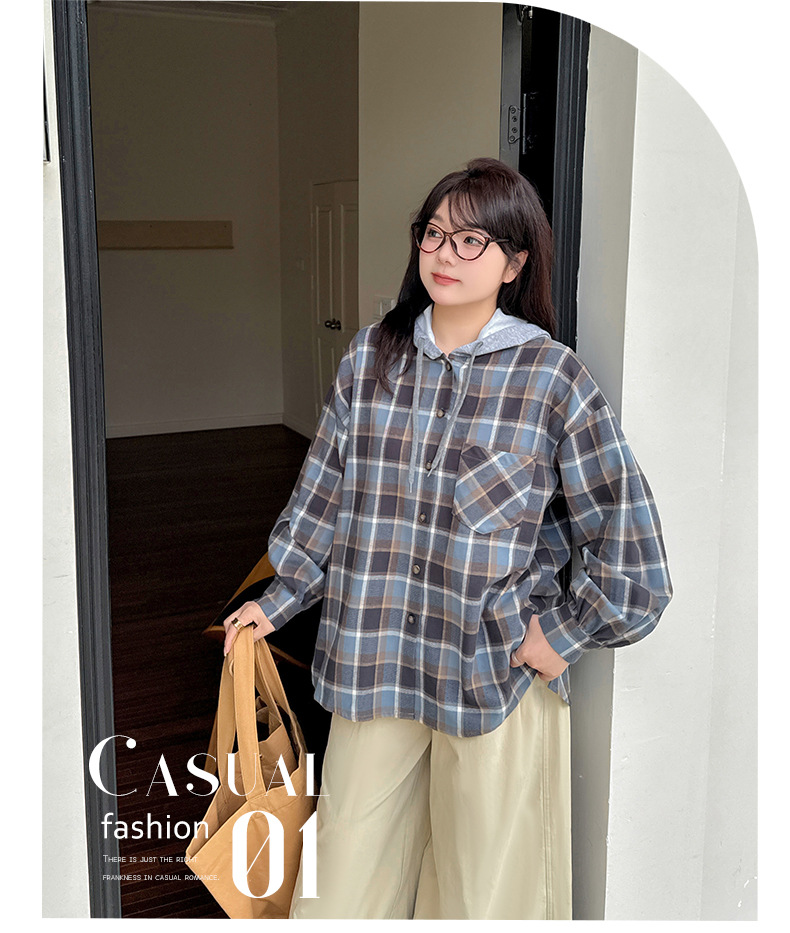 大きいサイズ レディース フード付きフェイクツーピースカジュアルチェックシャツ LL 3L 4L 5L