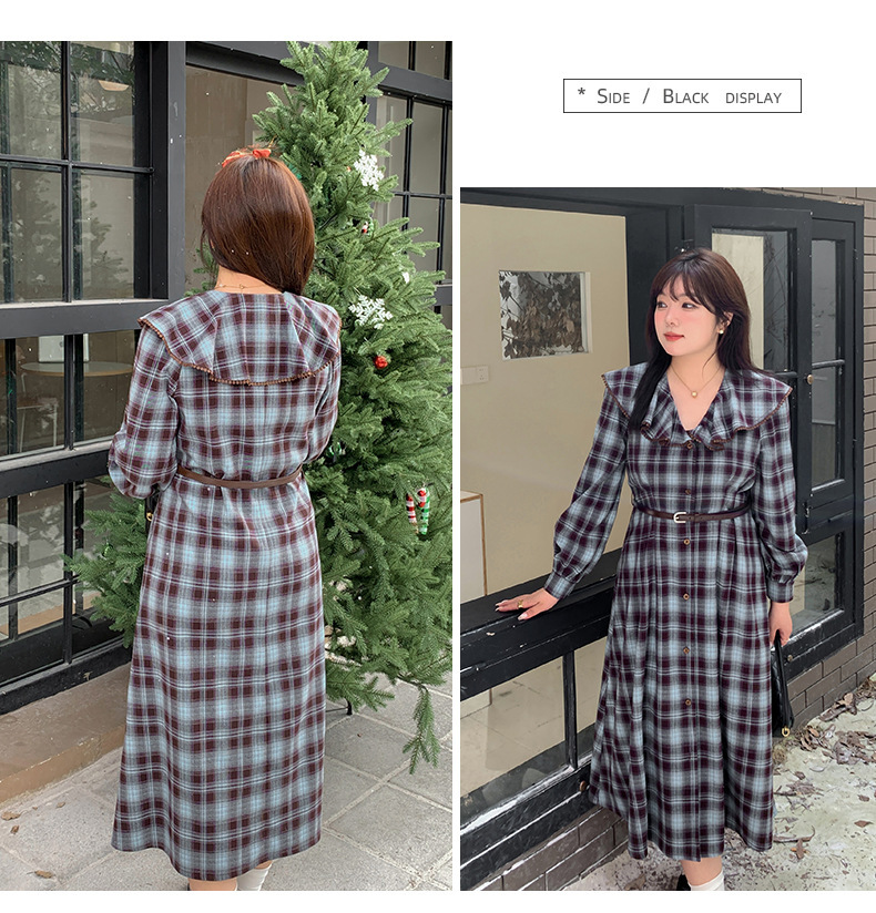 大きいサイズ レディース ラペルチェック柄ボタンダウンベルト付きワンピース LL 3L 4L 5L