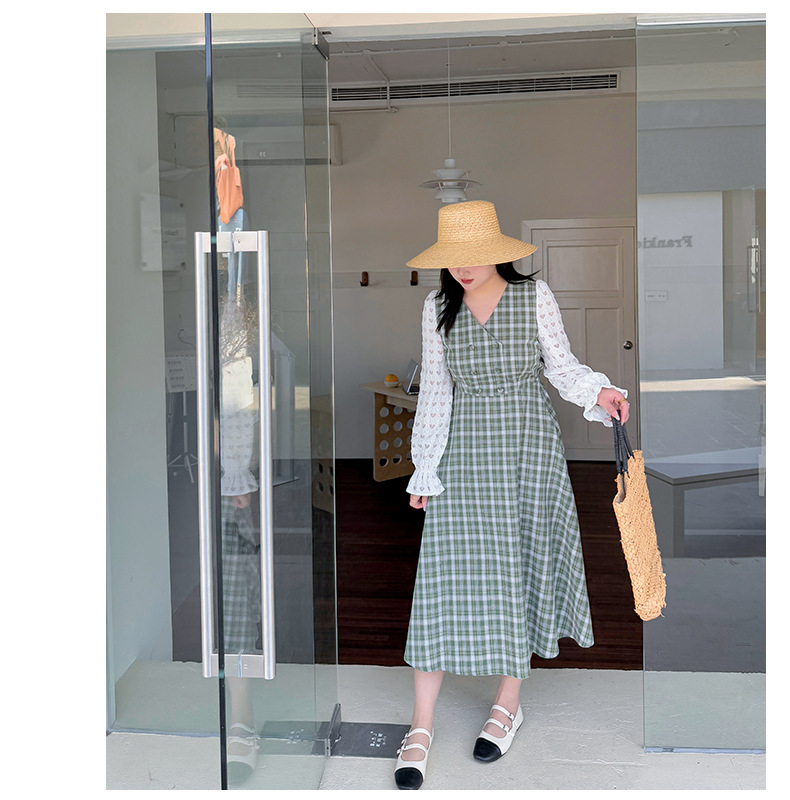 大きいサイズ レディース レースチェック柄フェイクツーピース フレンチワンピース LL 3L 4L 5L