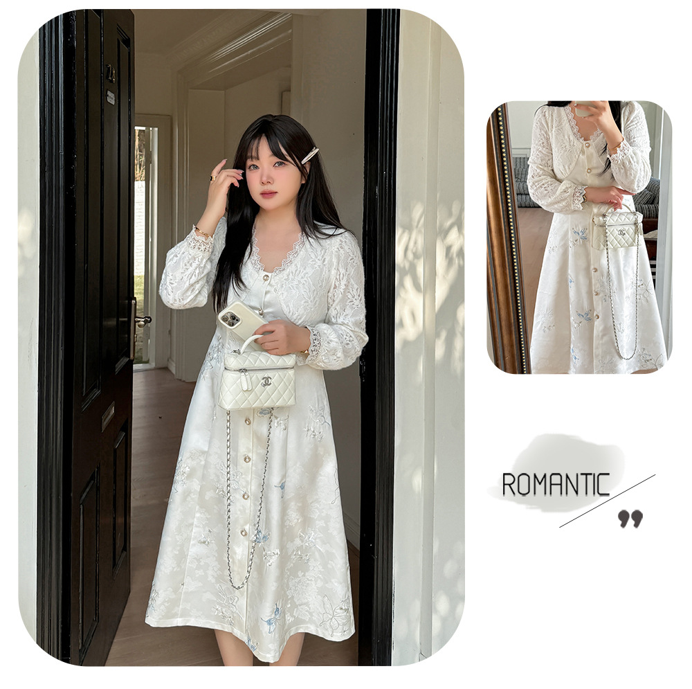 大きいサイズ レディース Vネックレース刺繍パッチワークワンピース LL 3L 4L 5L