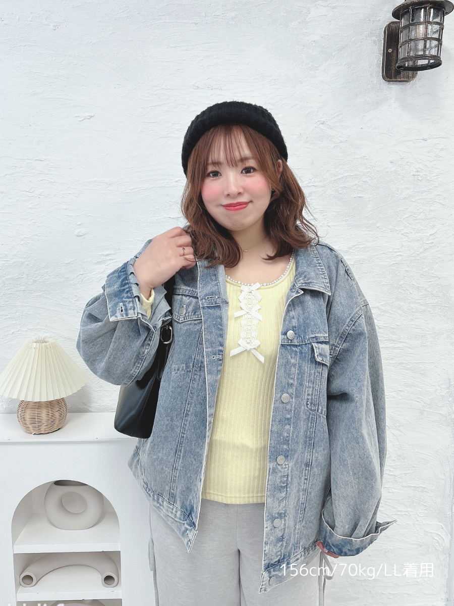大きいサイズ レディース フロントリボンビーズポイントUネックニット LL 3L 4L 5L