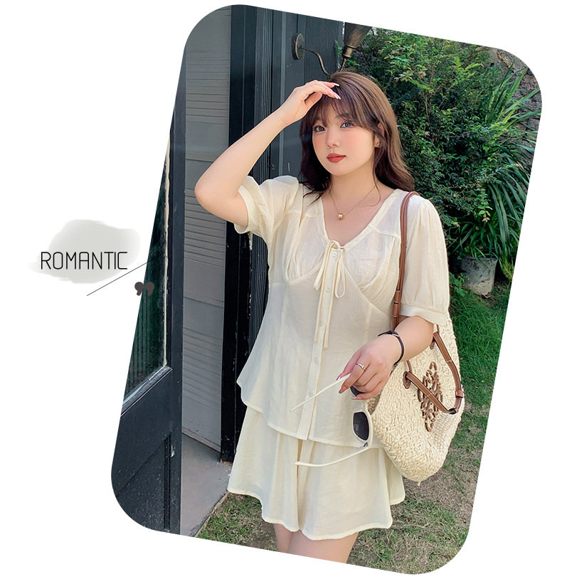 大きいサイズ レディース リボンフレンチセットアップ(トップス+ショートスカートパンツ) LL 3L 4L 5L