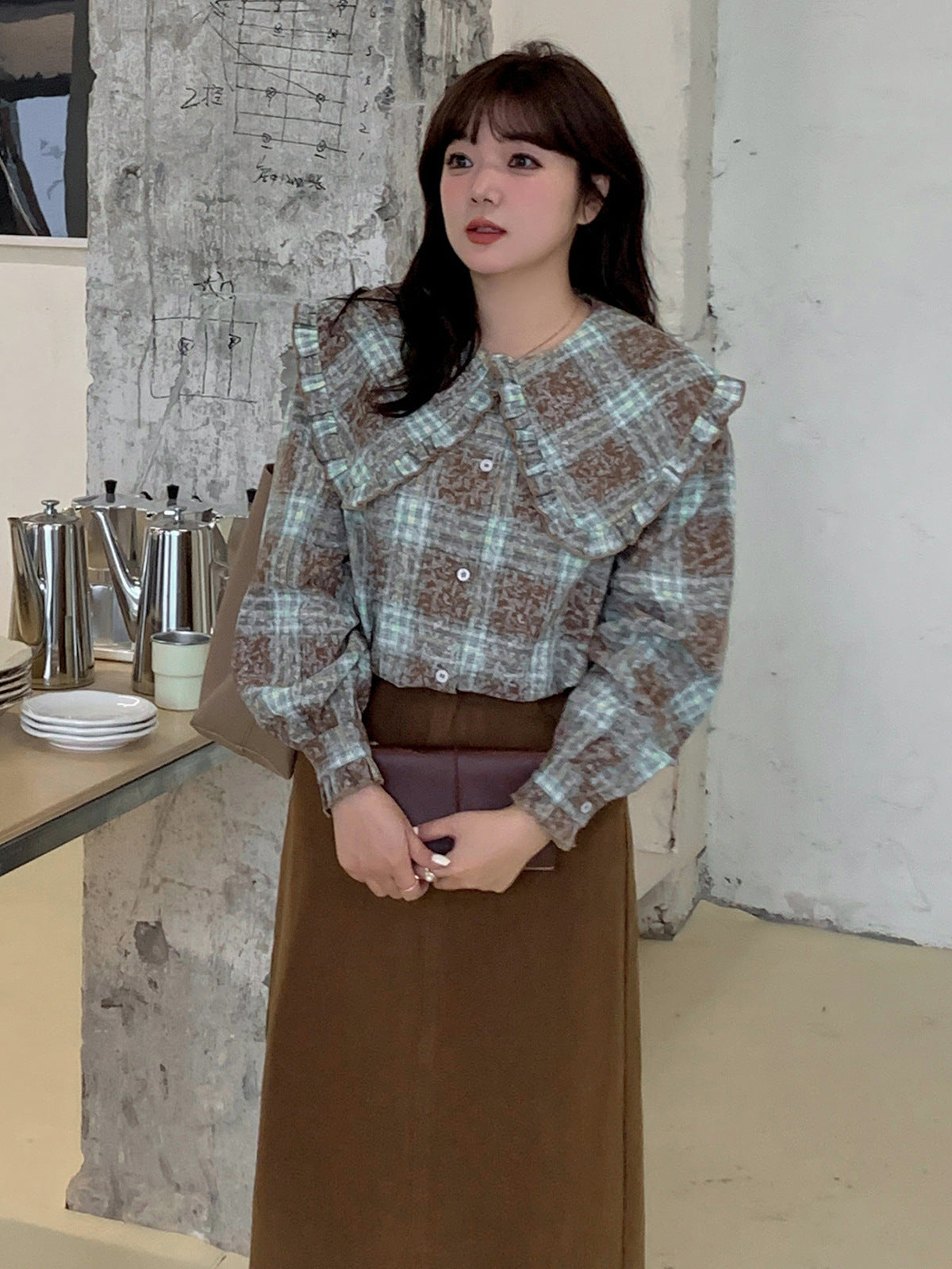 大きいサイズ レディース ビックラペルフリルチェック柄シャツ LL 3L 4L 5L