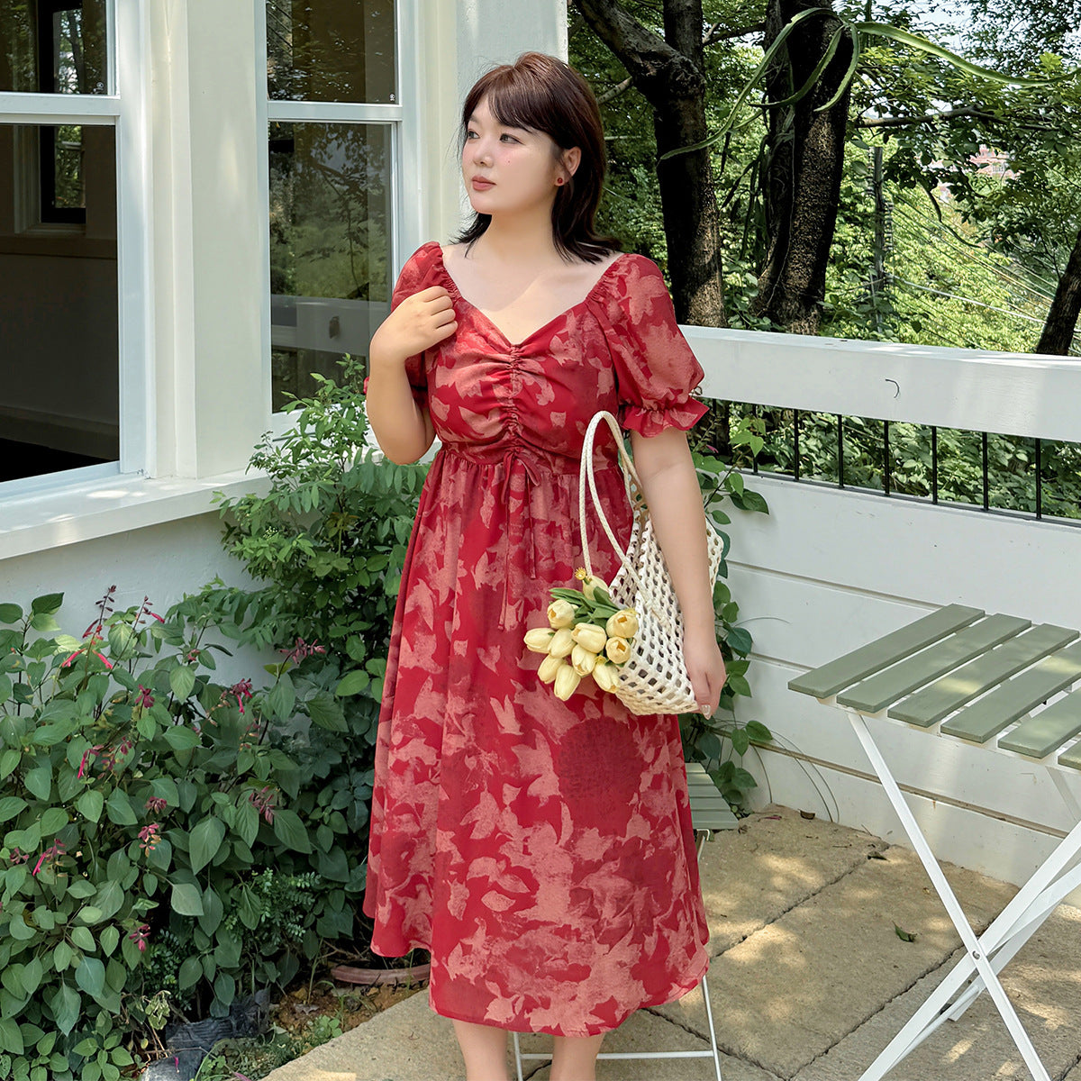 大きいサイズ レディース レッドカラープリントシフォンワンピース LL 3L 4L 5L