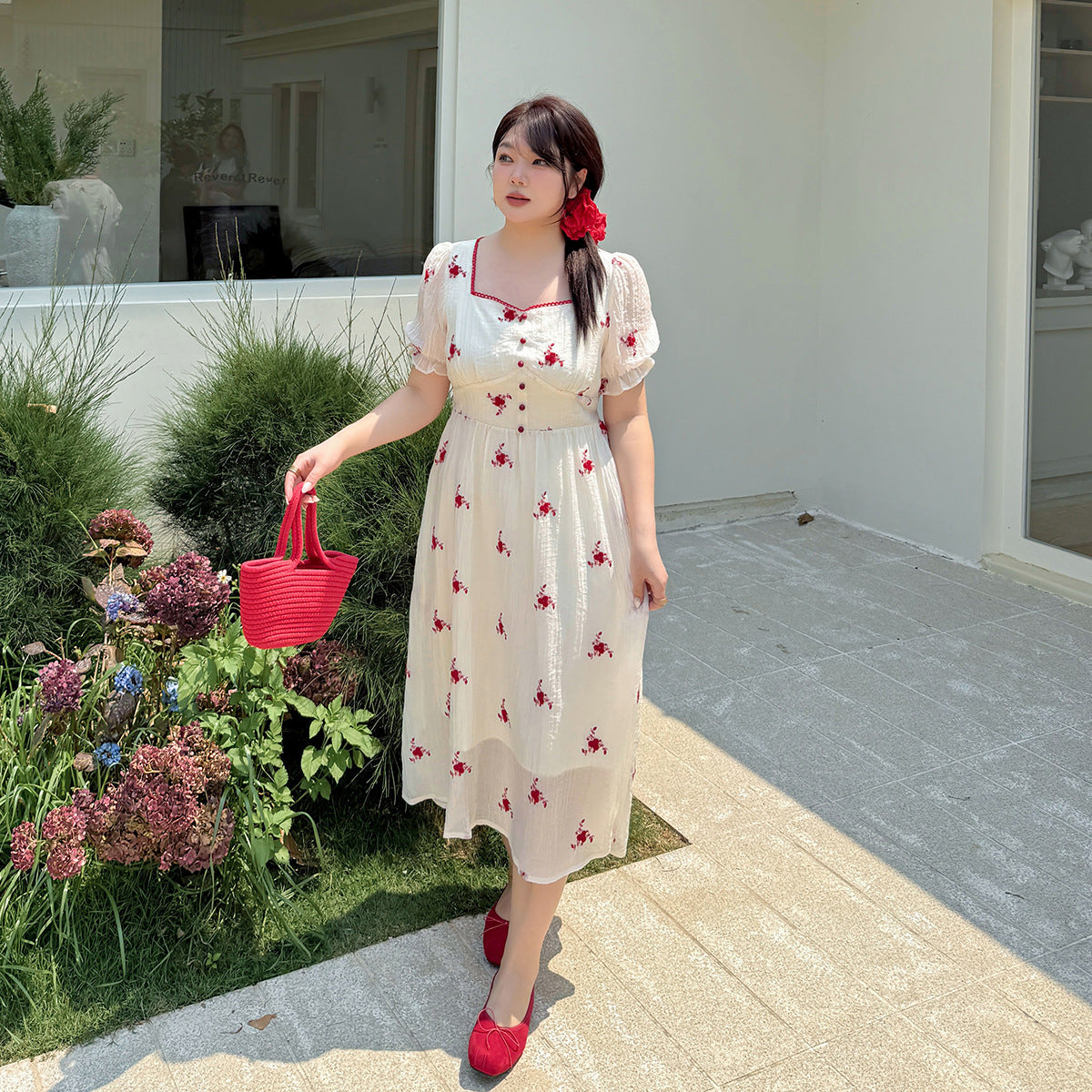 大きいサイズ レディース スクエアネック花刺繍フレンチワンピース LL 3L 4L 5L