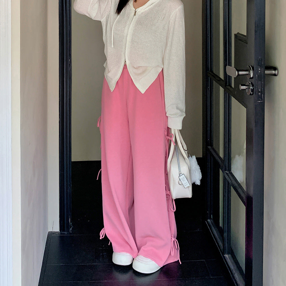 大きいサイズ レディース リボンレースアップニットワイドパンツ LL 3L 4L 5L