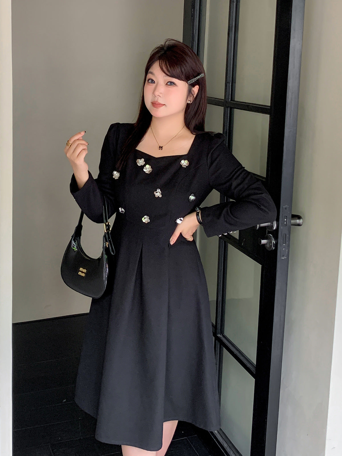 大きいサイズ レディース スパンコールスクエアネックブラックワンピース LL 3L 4L 5L