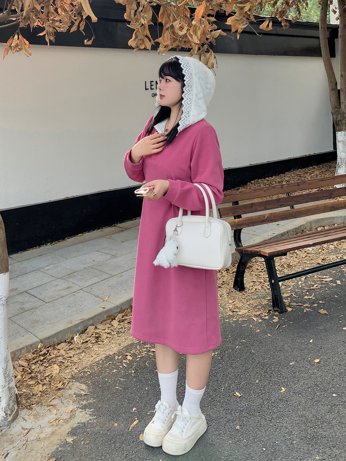大きいサイズ レディース レースフードパッチワークカジュアルベルベットワンピース LL 3L 4L 5L