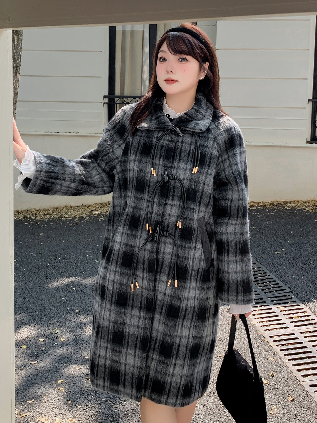大きいサイズ レディース レトロひも付きトグルボタンチェック柄ウールコート LL 3L 4L 5L