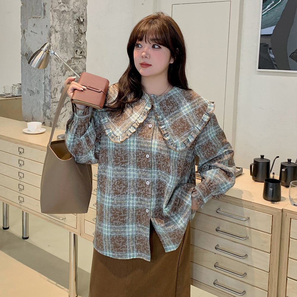 大きいサイズ レディース ビックラペルフリルチェック柄シャツ LL 3L 4L 5L