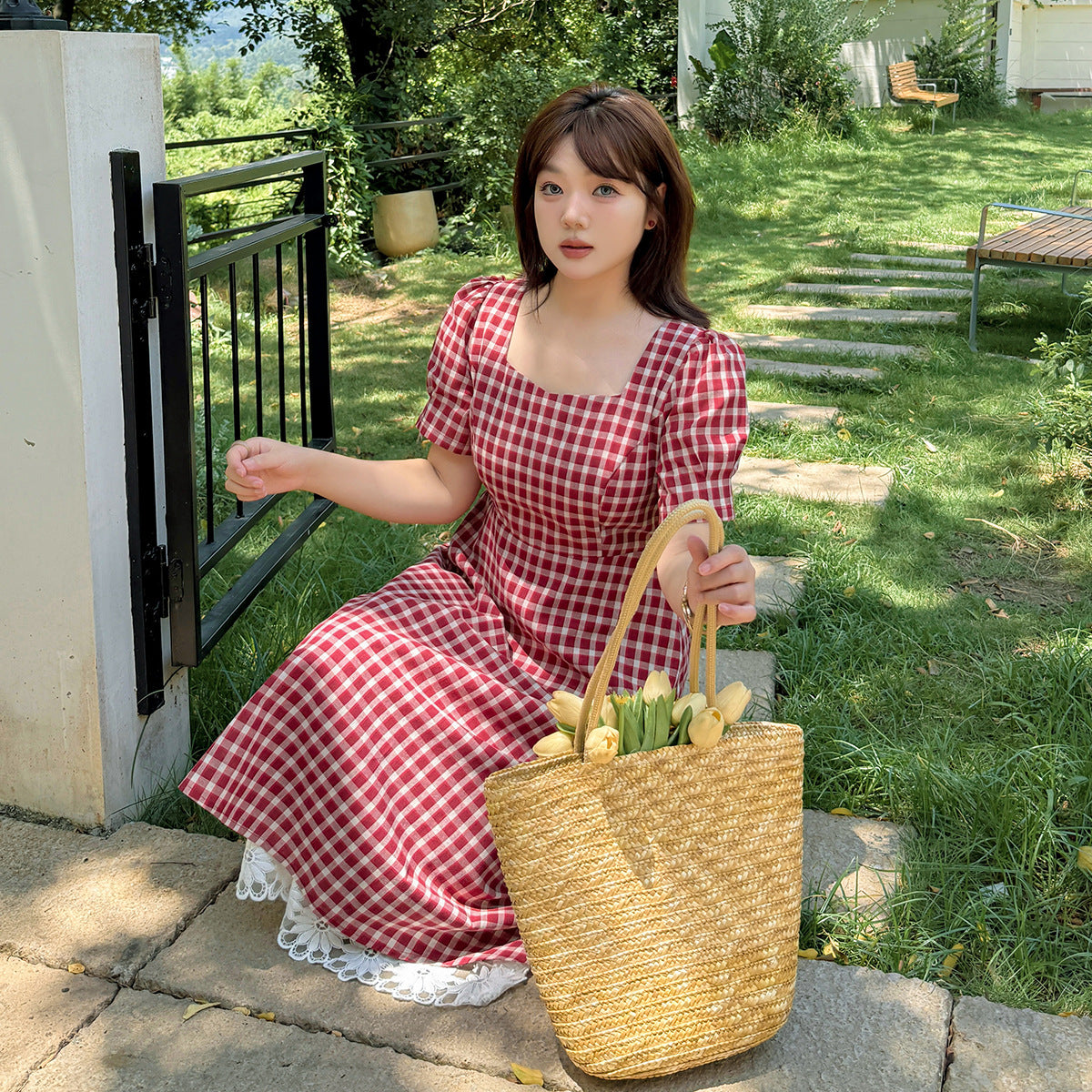 大きいサイズ レディース フェイクツーピースレースチェック柄ワンピース LL 3L 4L 5L