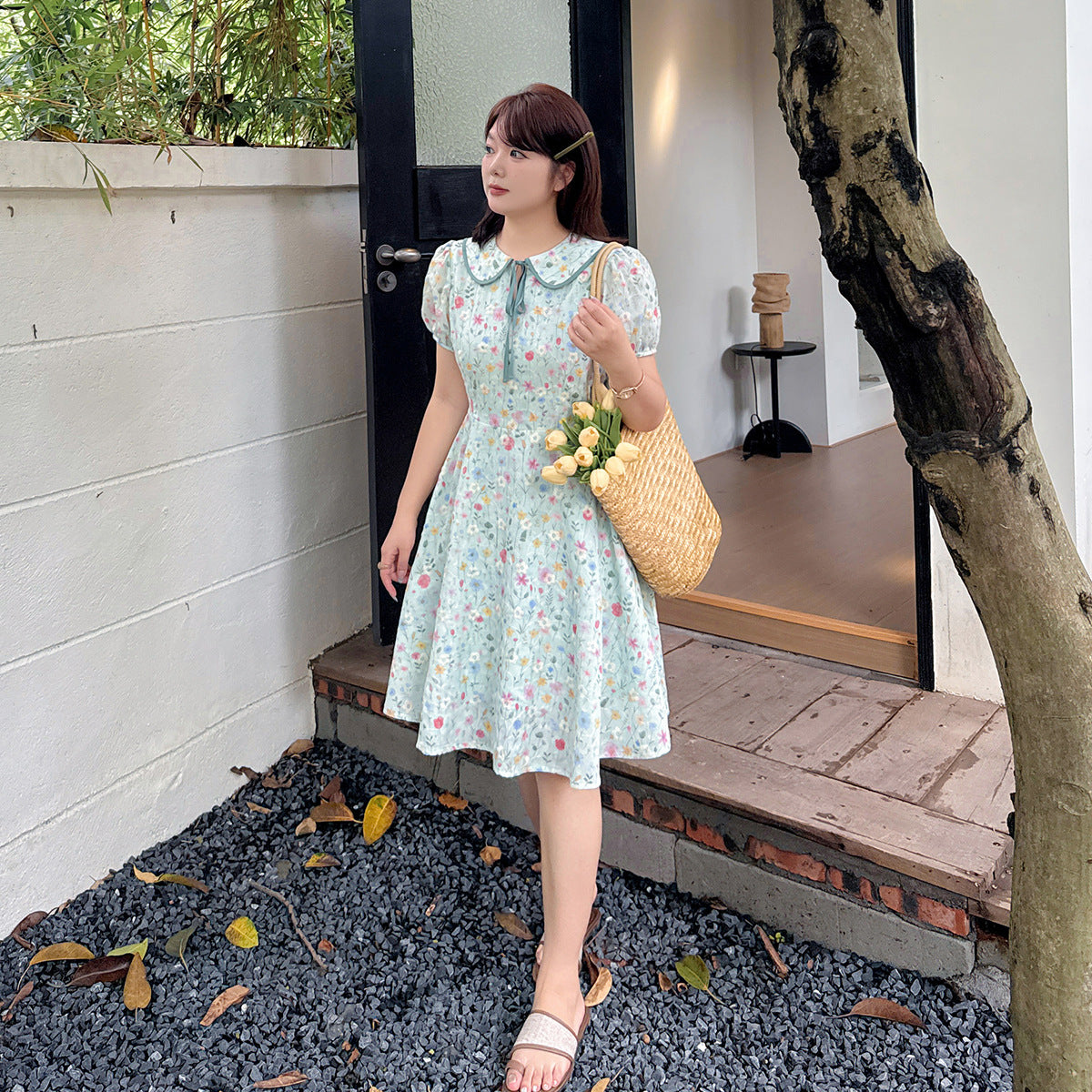 大きいサイズ レディース ドールカラーリボン小花柄プリント刺繍ミニワンピース LL 3L 4L 5L