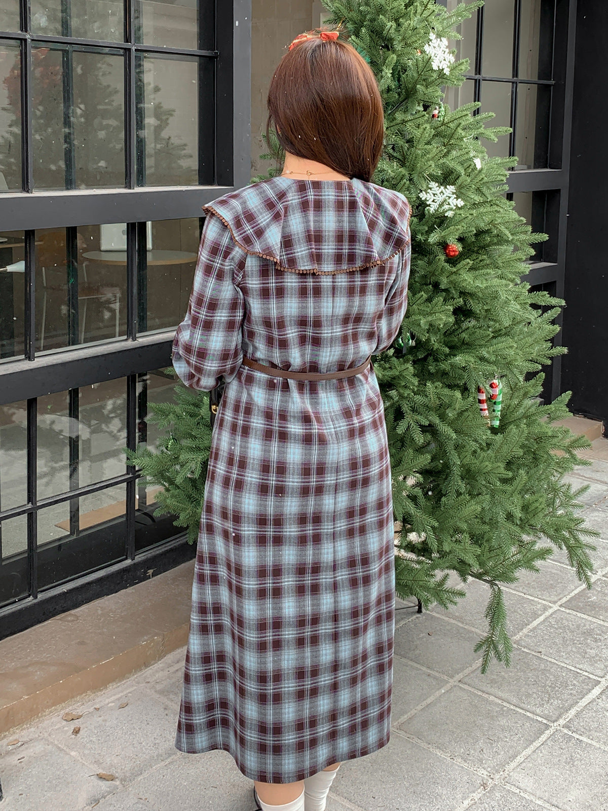 大きいサイズ レディース ラペルチェック柄ボタンダウンベルト付きワンピース LL 3L 4L 5L