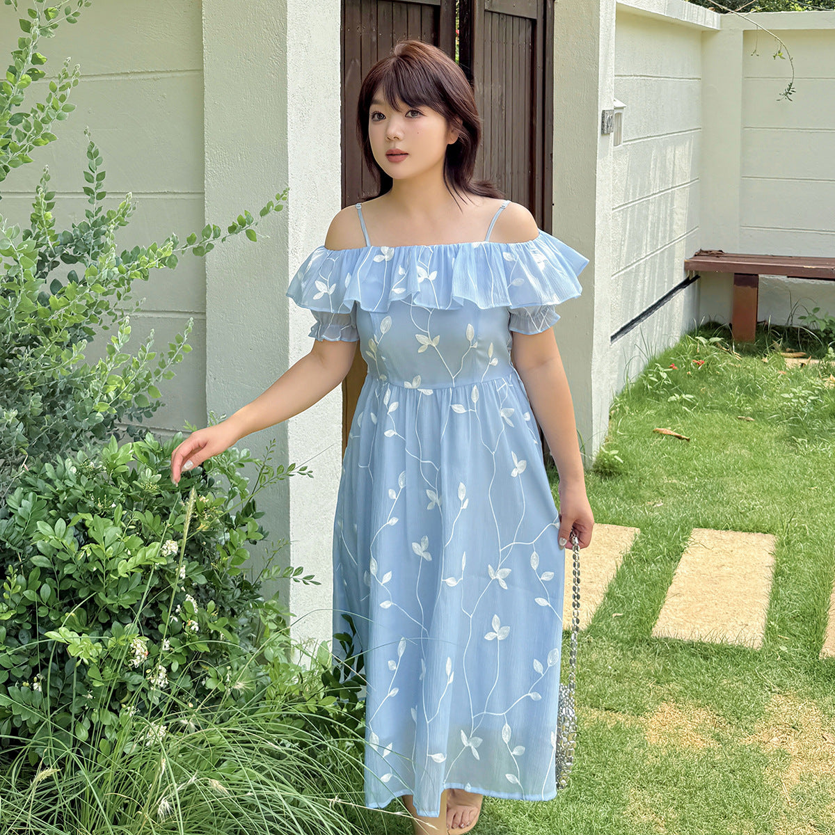 大きいサイズ レディース フリルオフショルダー刺繍ワンピース LL 3L 4L 5L