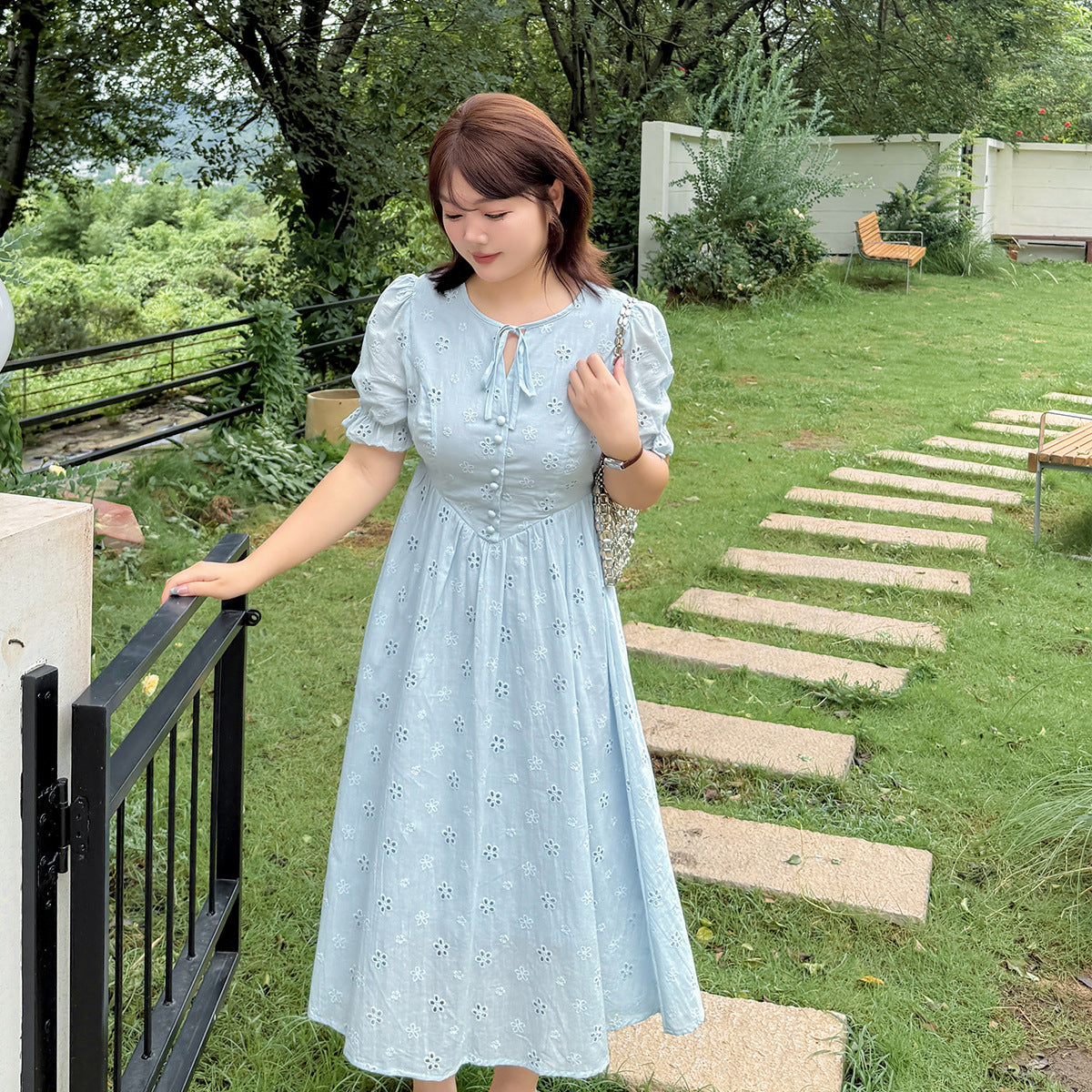 大きいサイズ レディース リボン花柄中空刺繍コットンフレンチワンピース LL 3L 4L 5L