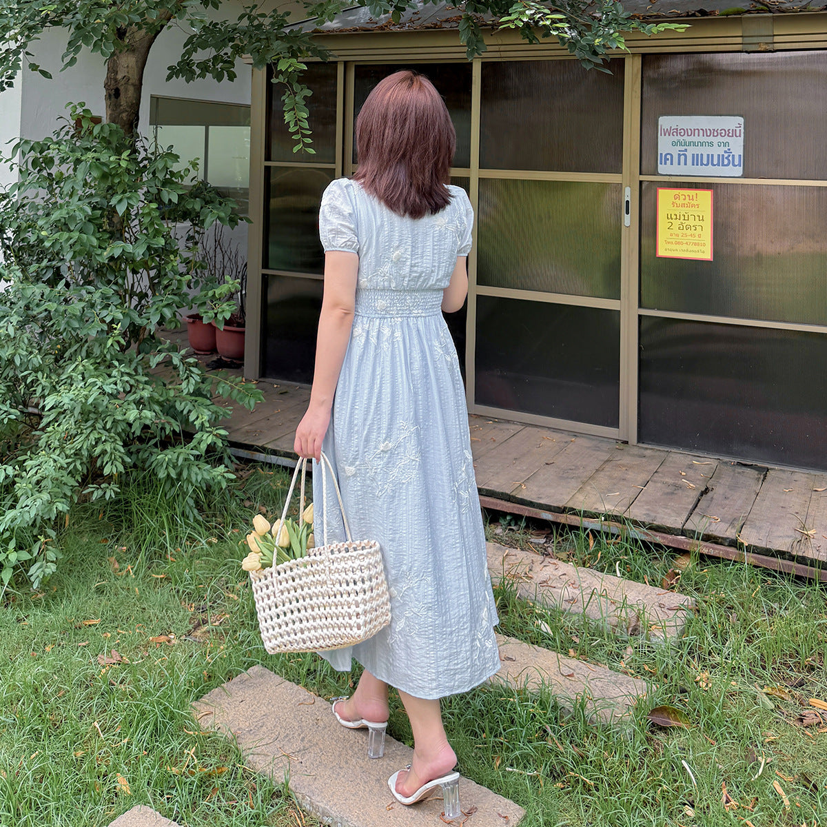大きいサイズ レディース Vネック花柄レースウエストスパンコール刺繍ワンピース LL 3L 4L 5L