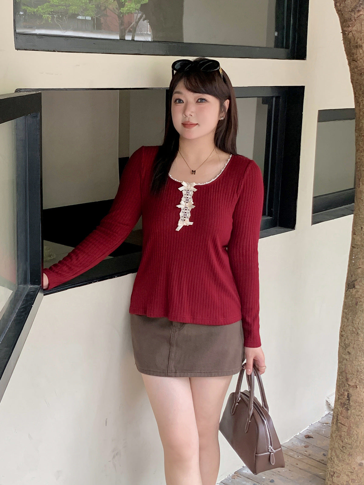 大きいサイズ レディース フロントリボンビーズポイントUネックニット LL 3L 4L 5L