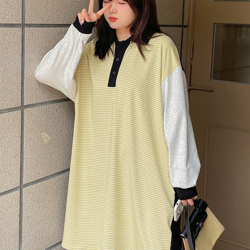 大きいサイズ レディース ラペル付きロングストライプTシャツワンピース LL 3L 4L 5L