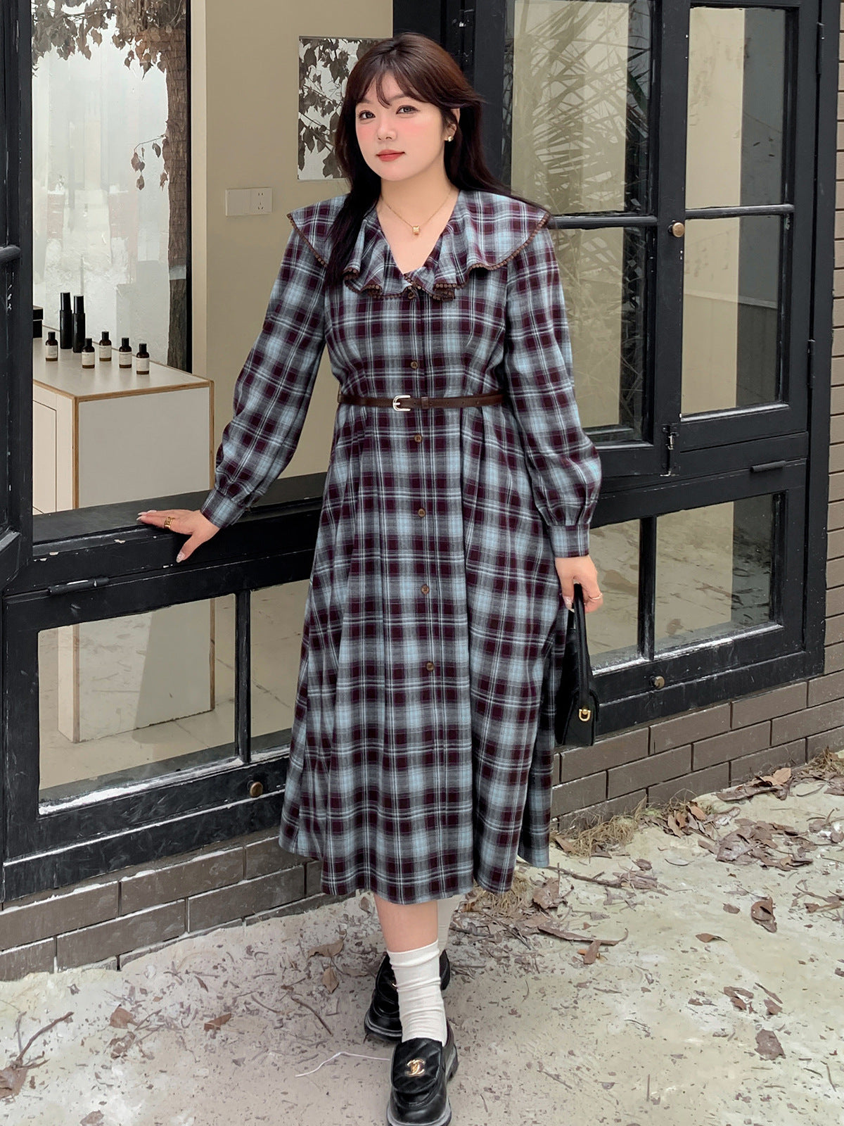 大きいサイズ レディース ラペルチェック柄ボタンダウンベルト付きワンピース LL 3L 4L 5L