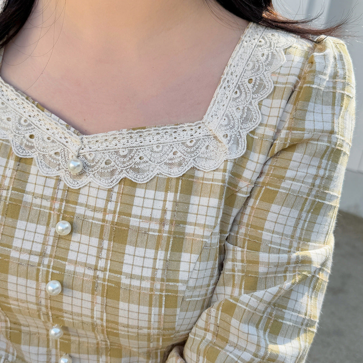 大きいサイズ レディース レーススクエアネックチェック柄フレンチワンピース LL 3L 4L 5L