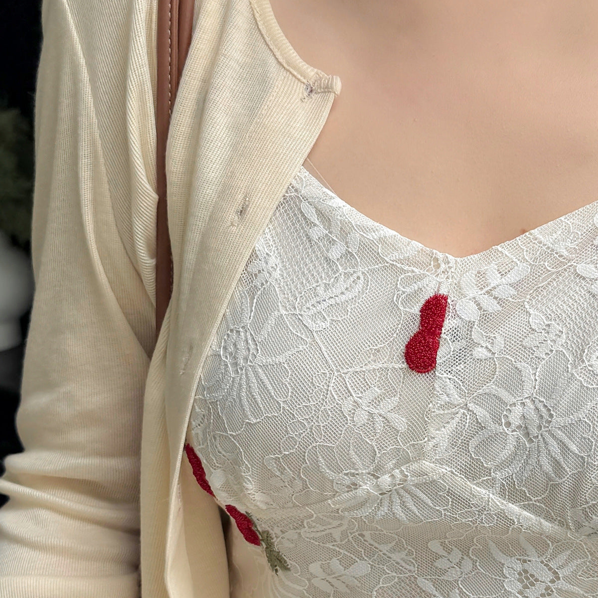 大きいサイズ レディース ツーピース(ニットカーディガン+チェリー刺繍キャミソールワンピース) LL 3L 4L 5L