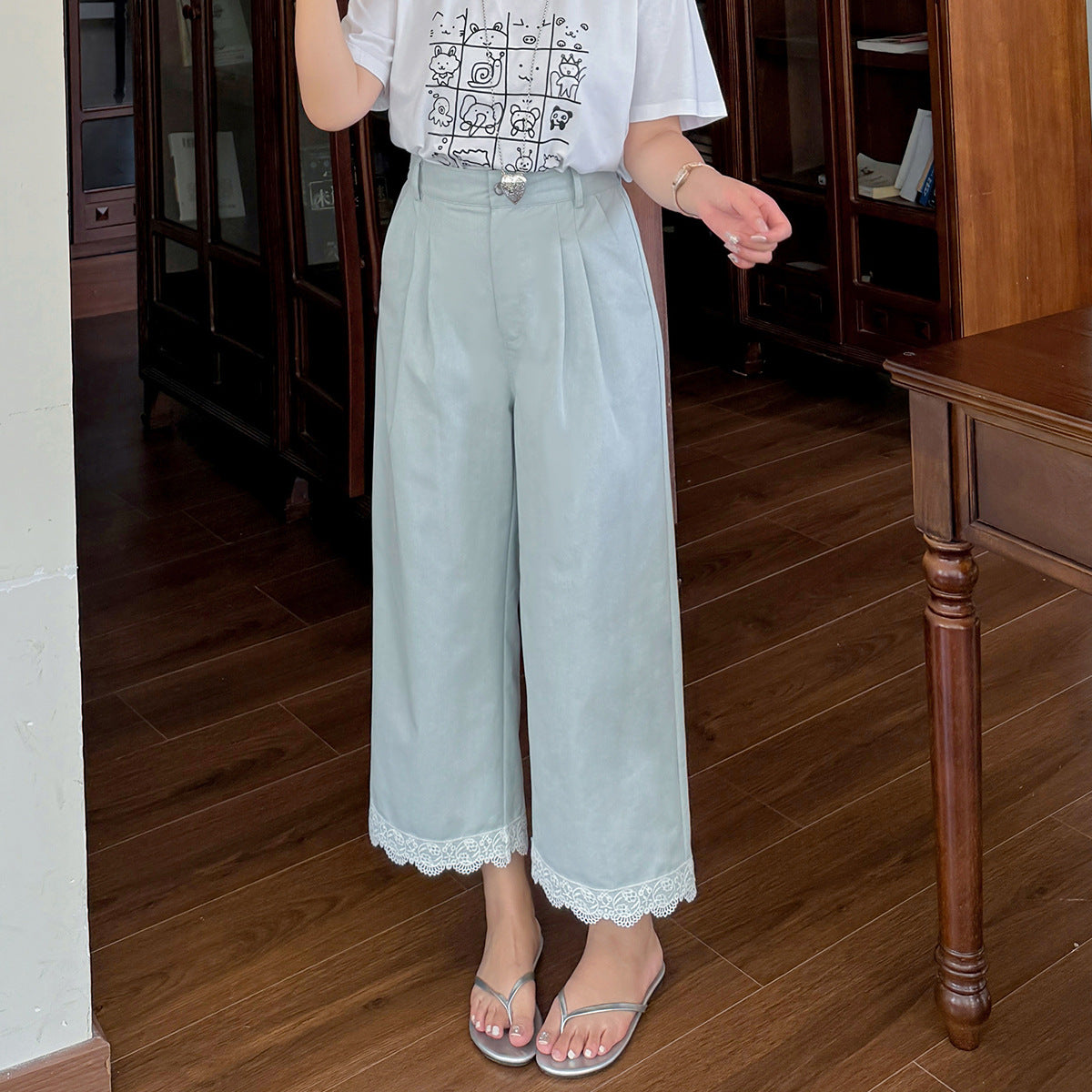 大きいサイズ レディース レースクロップドワイドレッグデニムパンツ LL 3L 4L 5L