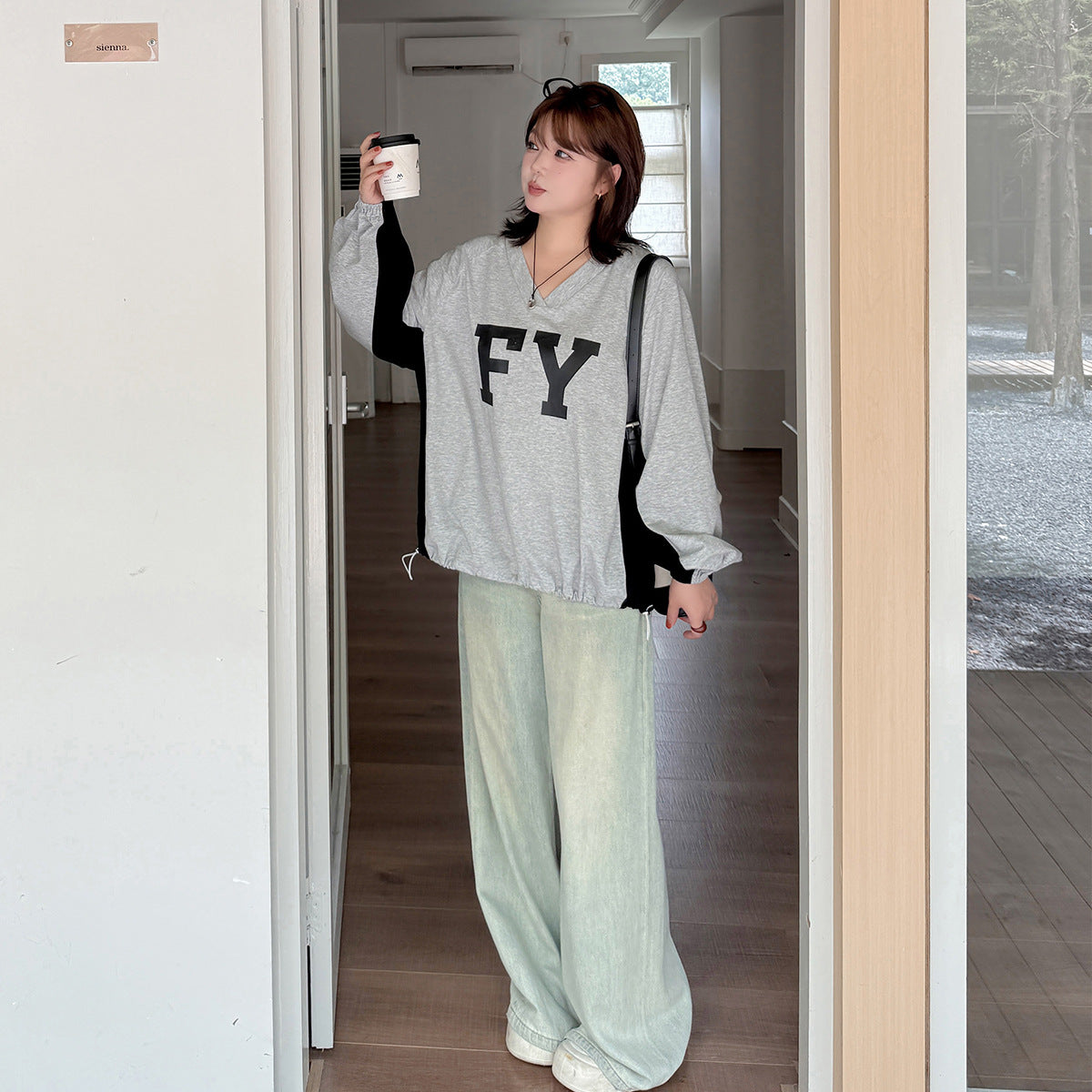 大きいサイズ レディース Vネックコントラストカラー長袖スウェットシャツ LL 3L 4L 5L
