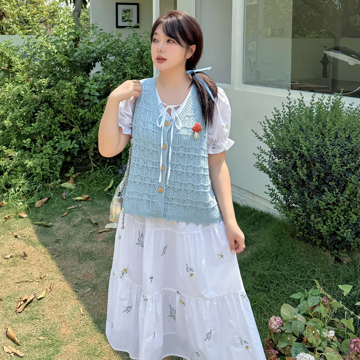 大きいサイズ レディース 草花刺繍入りリボンコットンティアードワンピース LL 3L 4L 5L