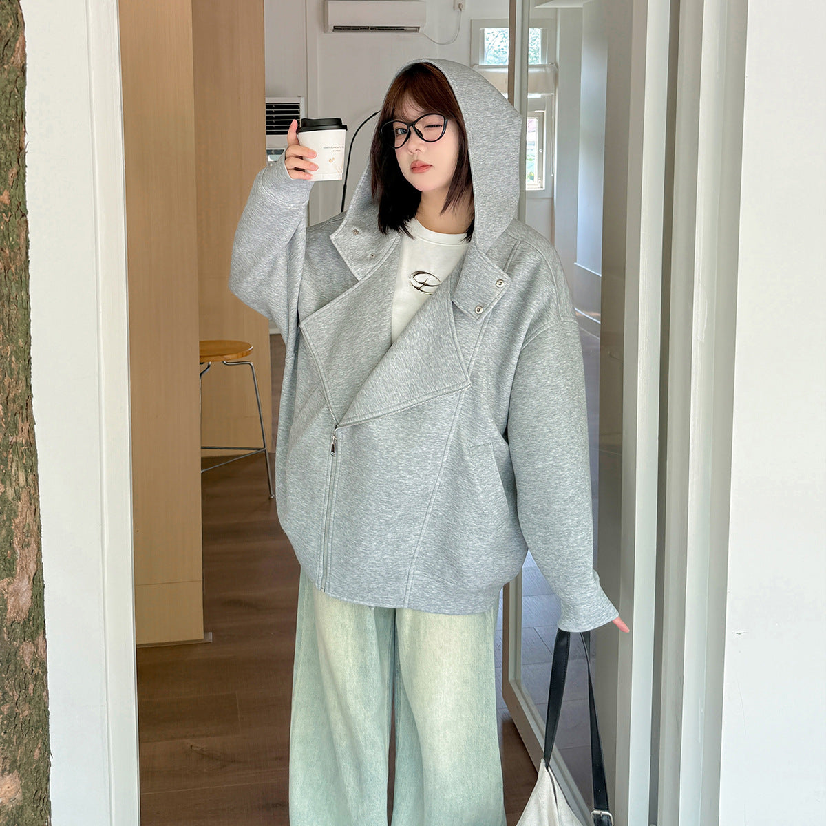 大きいサイズ レディース フード付きライダー風アシンメトリー厚手レイヤージャケット 3L 4L 5L