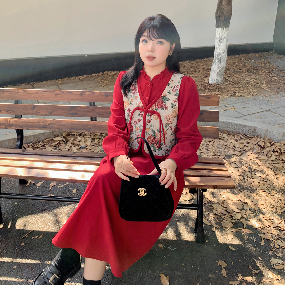 大きいサイズ レディース ツーピース 花柄ベスト+フリルカラーロングワンピース LL 3L 4L 5L