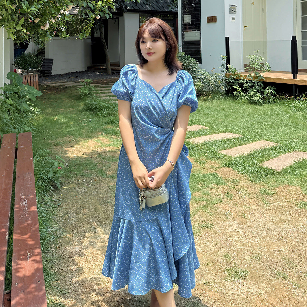 大きいサイズ レディース クロスVネックウエストリボンフリルワンピース LL 3L 4L 5L
