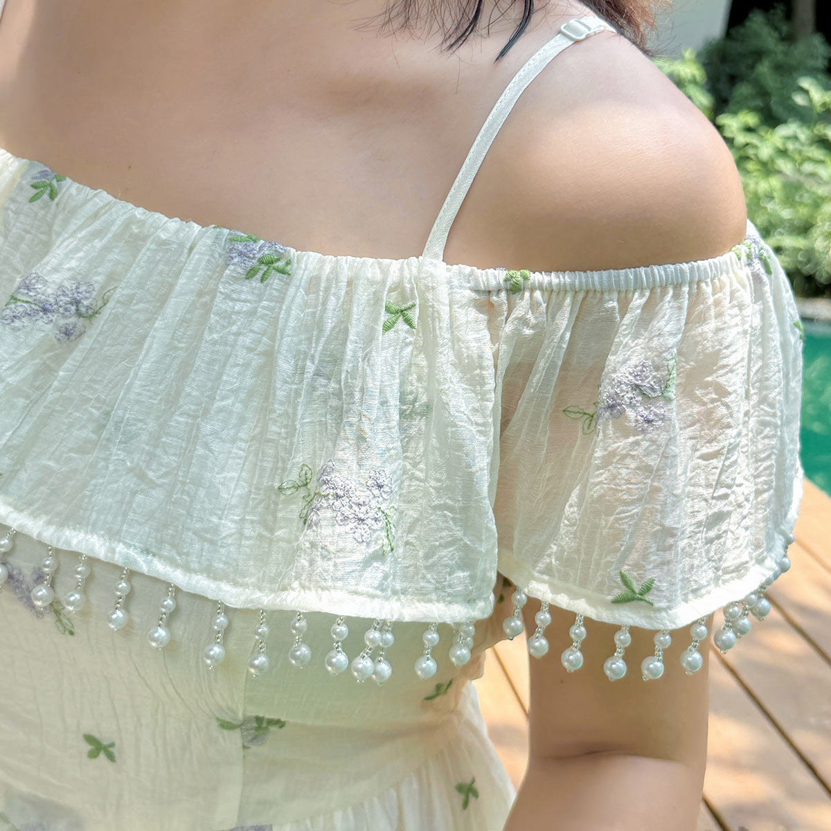大きいサイズ レディース ビーズ刺繍オフショルダーサスペンダーワンピース LL 3L 4L 5L