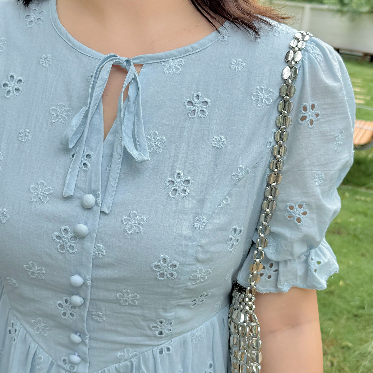 大きいサイズ レディース リボン花柄中空刺繍コットンフレンチワンピース LL 3L 4L 5L