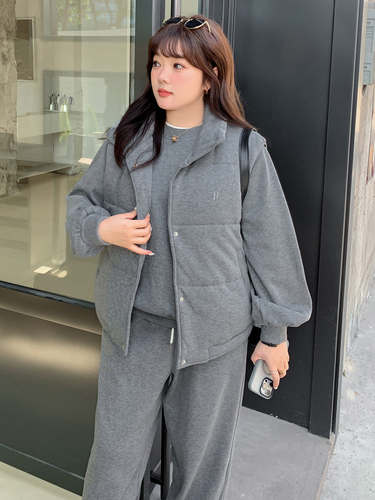 大きいサイズ レディース スリーピース(ベスト・シャツ・パンツ)ベルベットカジュアルスウェット LL 3L 4L 5L