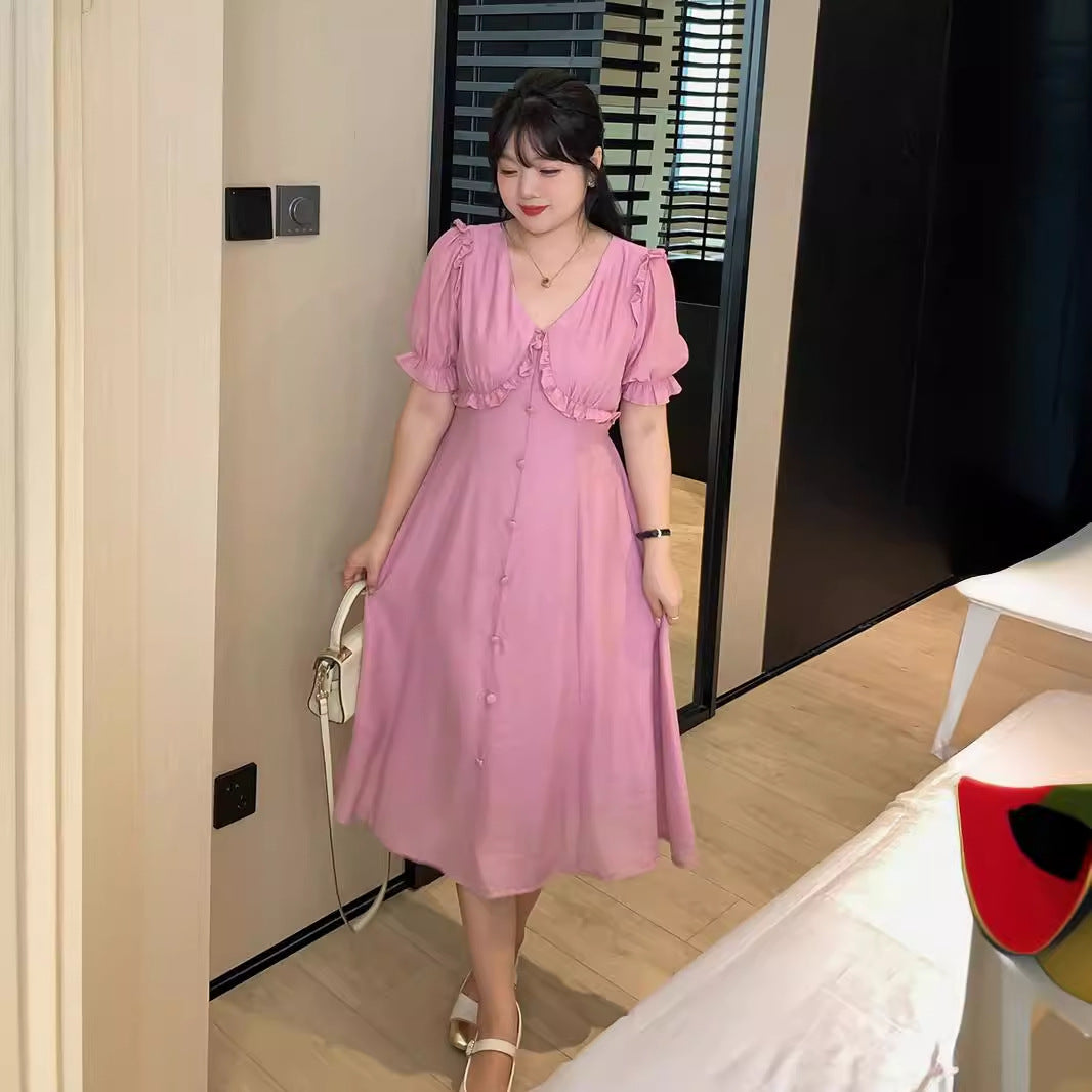 大きいサイズ レディース Vネック前ボタンフリルワンピース+ヘアゴム2点セット LL 3L 4L 5L
