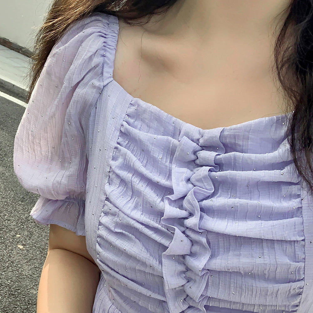 大きいサイズ レディース ラインストーンパフスリーブ半袖ワンピース LL 3L 4L 5L
